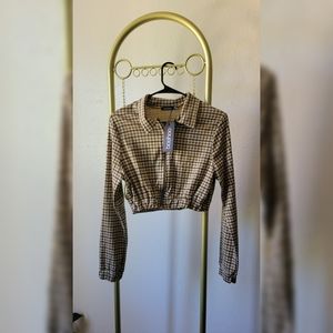 Boohoo Crop Check Bomber in Color Mustard Size UK 10/ US 6